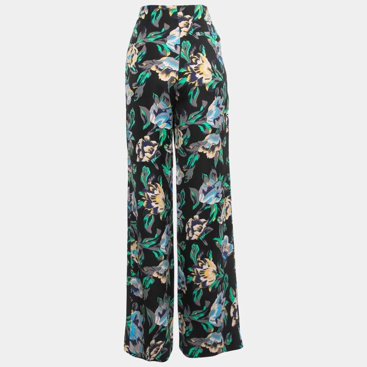 Pre Owned Diane Von Furstenberg Black Floral Printed Crepe Wide Leg Pants M 