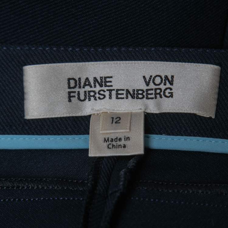Pre Owned Diane von Furstenberg Navy Blue Stretch Knit Slim Fit Pants L
