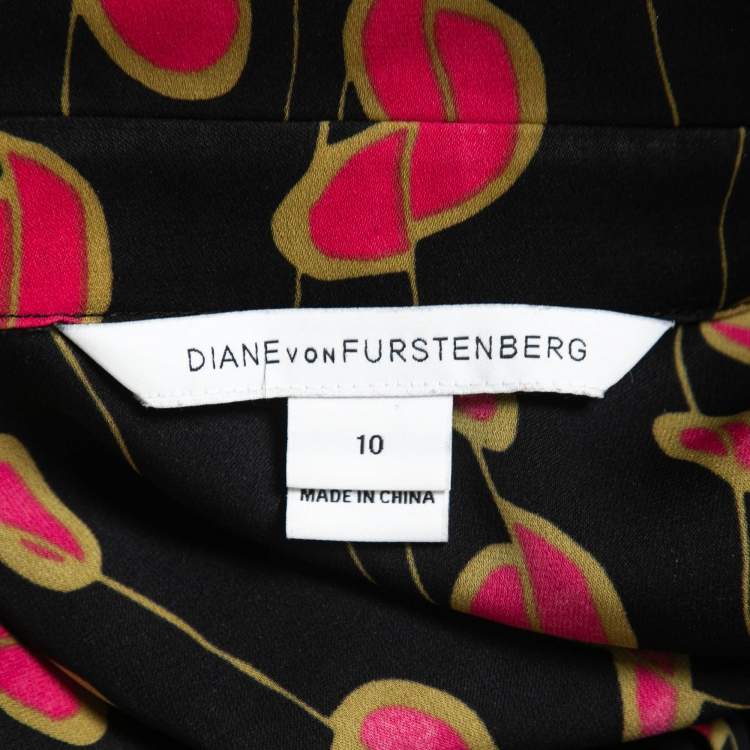 مملوكة مسبقًا Diane Von Furstenberg Black Printed Crepe Flared Short Dress L