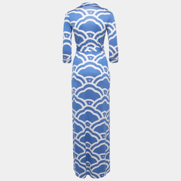 Pre Owned Diane Von Furstenberg Blue Patterned Silk Knit Long Sleeve Wrap Maxi Dress XS