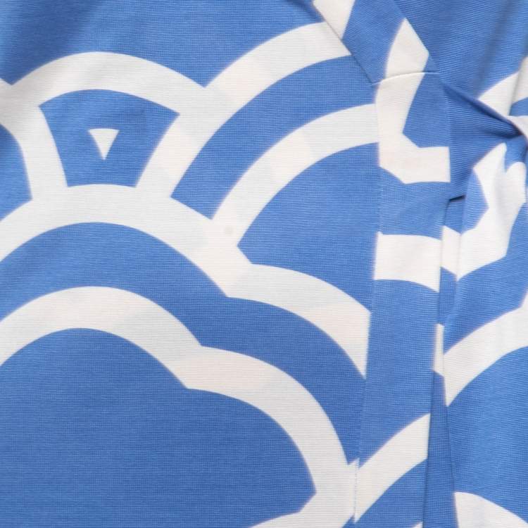 Pre Owned Diane Von Furstenberg Blue Patterned Silk Knit Long Sleeve Wrap Maxi Dress XS