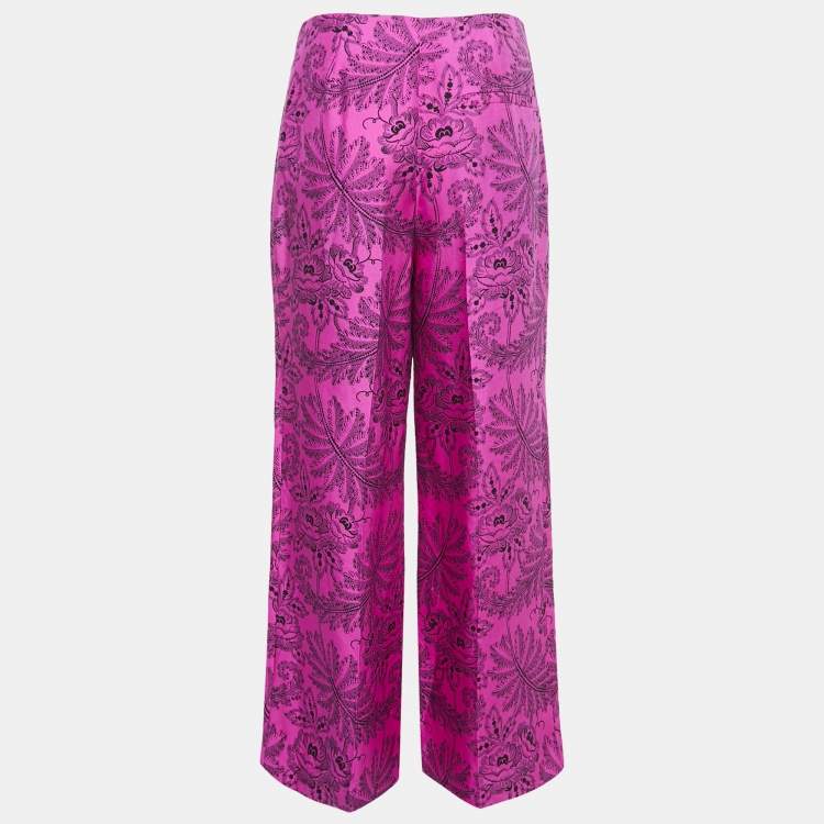 Pre Owned Diane Von Furstenberg Pink Print Silk Wide Leg Trousers M