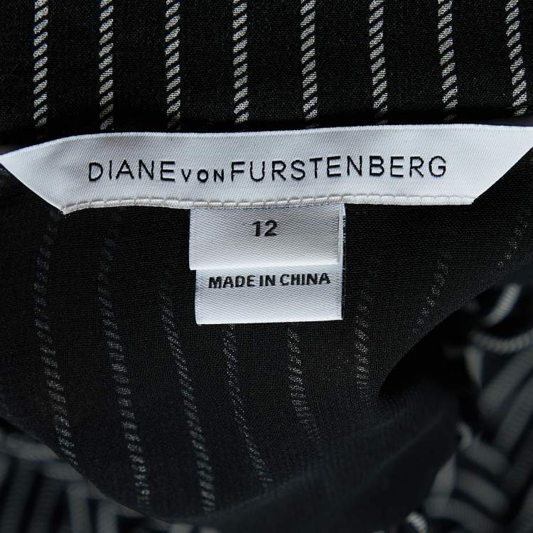 Pre Owned Diane Von Furstenberg Black Striped Silk Sheer Shirt L