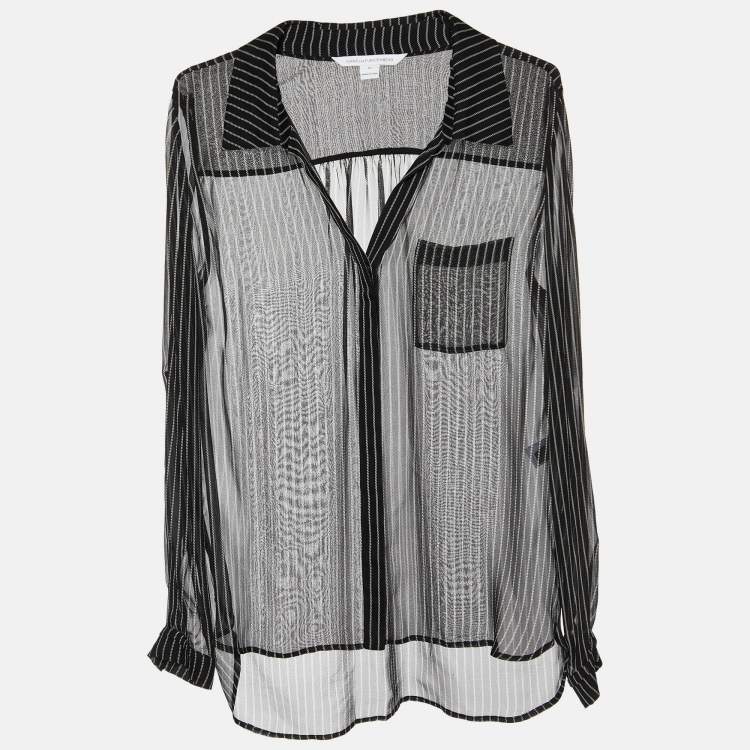 Diane Von Furstenberg Black Striped Silk Sheer Shirt L Diane Von  Furstenberg