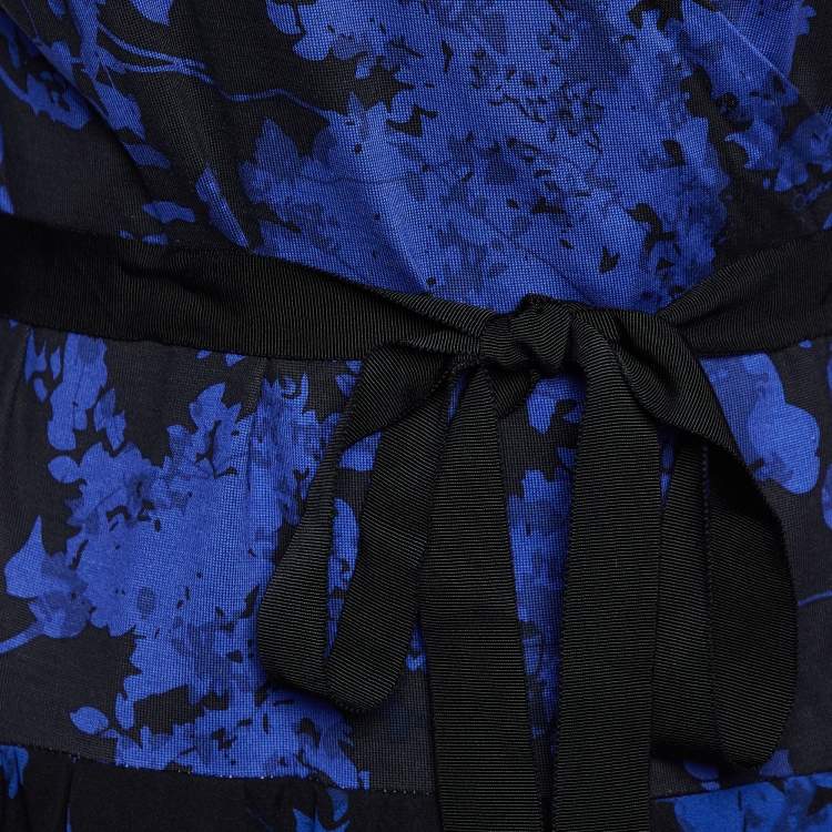 Pre Owned Diane von Furstenberg Black & Navy Blue Floral Printed Knit & Chiffon Riviera Wrap Dress M