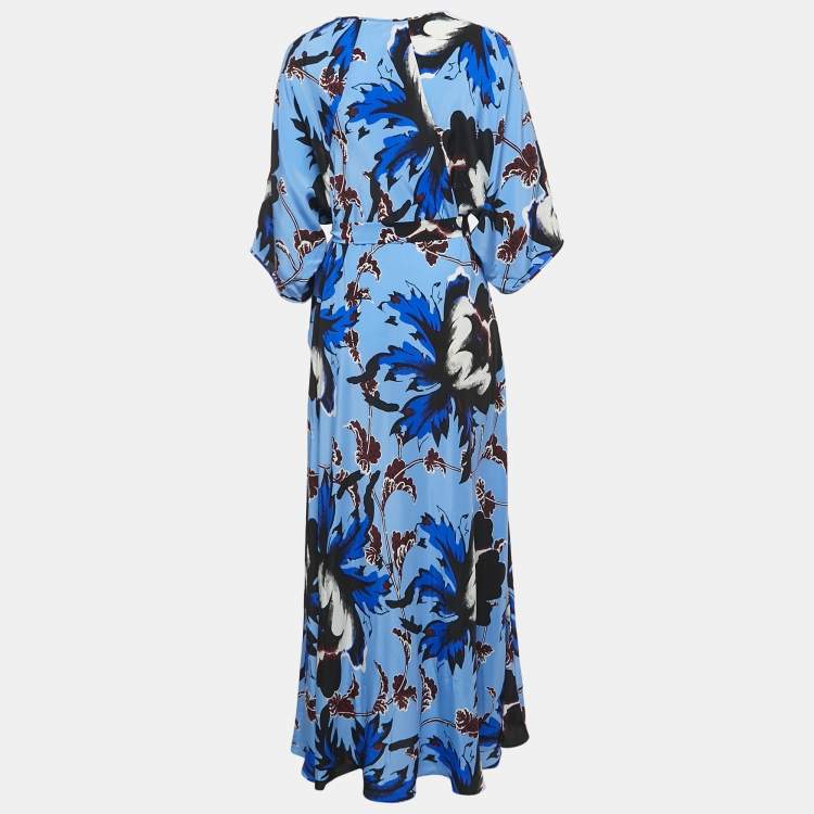 مملوكة مسبقًا Diane Von Furstenberg Blue Floral Print Silk Wrap Dress L