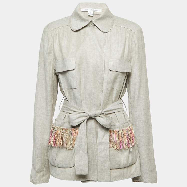 Pre Owned Diane Von Furstenberg Grey Linen Blend Open Front Belted Coat XL