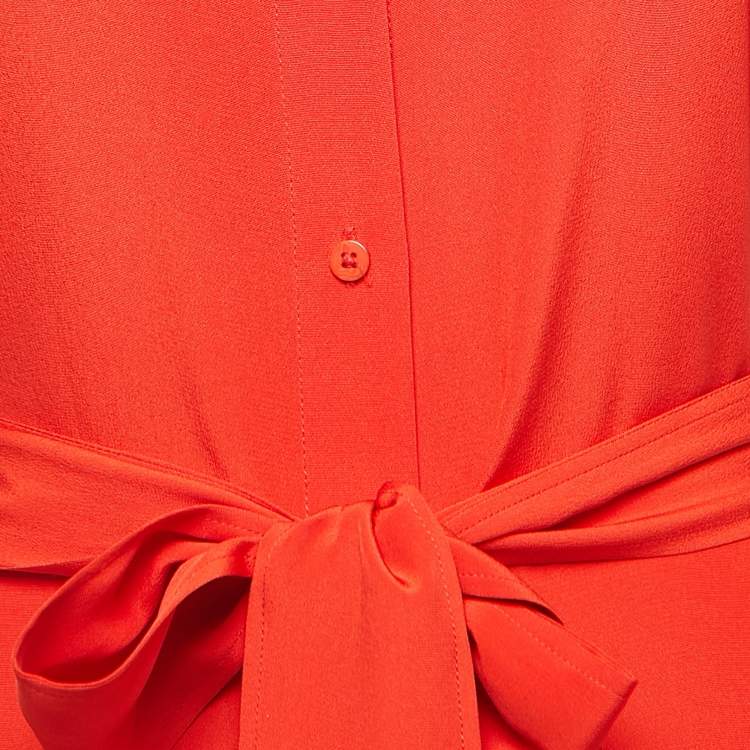 Pre Owned Diane Von Furstenberg Dark Orange Crepe Button Front Belted Midi Dress S