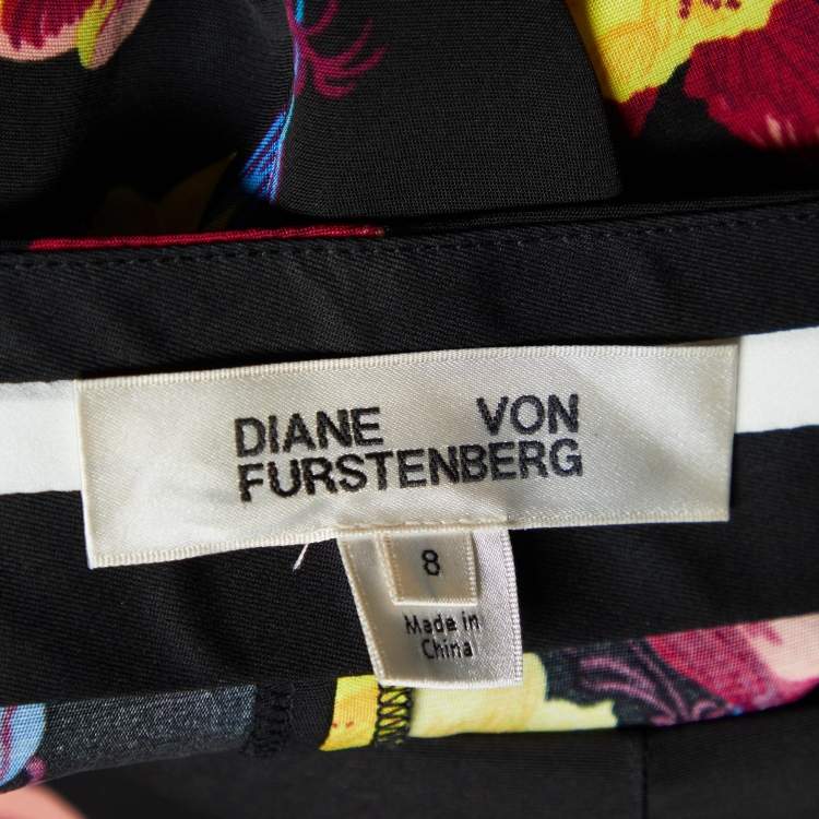 Pre Owned Diane von Furstenberg Black Printed Silk Top & Pants M