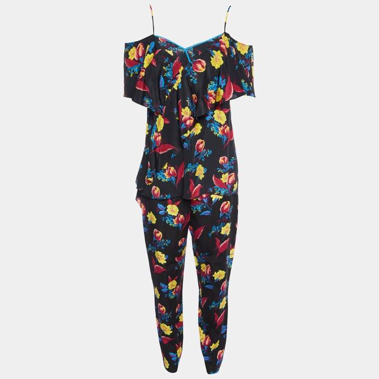 Pre Owned Diane von Furstenberg Black Printed Silk Top & Pants M