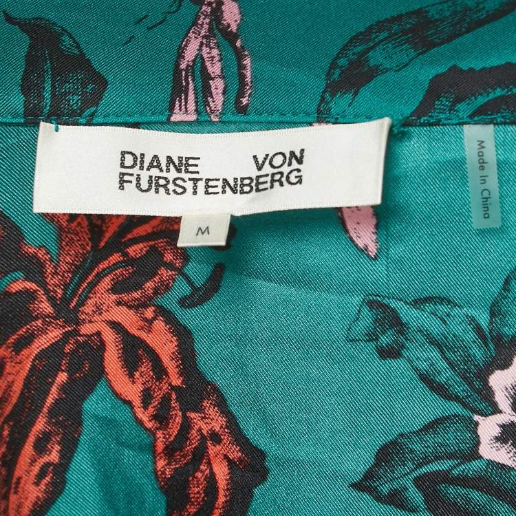 Pre Owned Diane Von Furstenberg Dark Green Floral Print Silk Pajama Shirt M