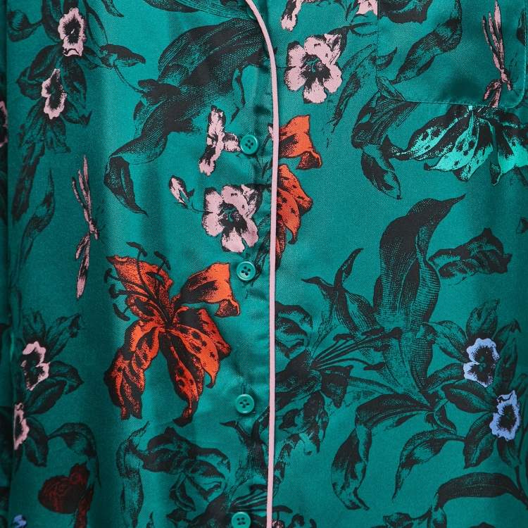 Pre Owned Diane Von Furstenberg Dark Green Floral Print Silk Pajama Shirt M