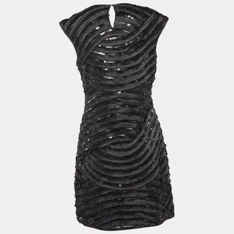 Pre Owned Diane Von Furstenberg Black Embellished textured Silk Aja Mini Dress L