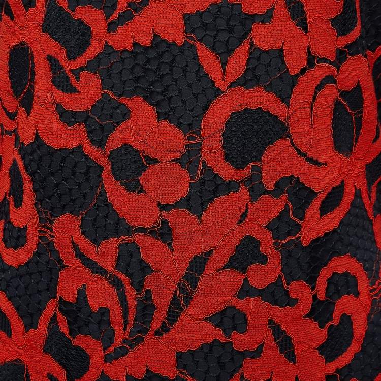 Pre Owned Diane Von Furstenberg Red & Black Lace Gadie Mini Dress M