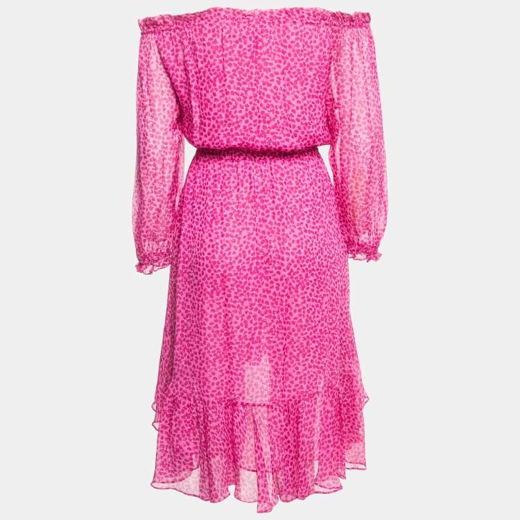 Pre Owned Diane Von Furstenberg Pink Camila Print Silk Off Shoulder Asymmetrical Dress XS