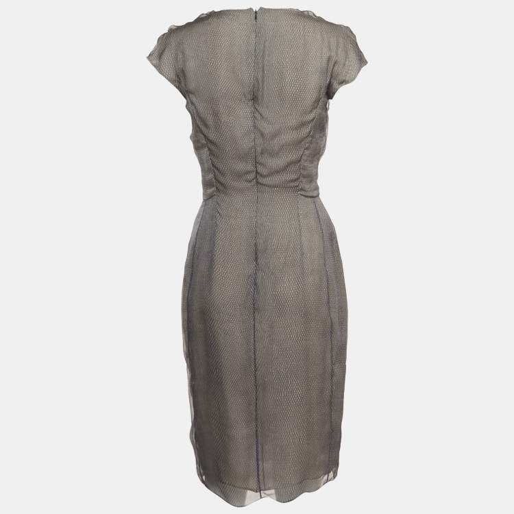Pre Owned Yves Saint Laurent Grey Snake Print Silk V-Neck Short Dress M