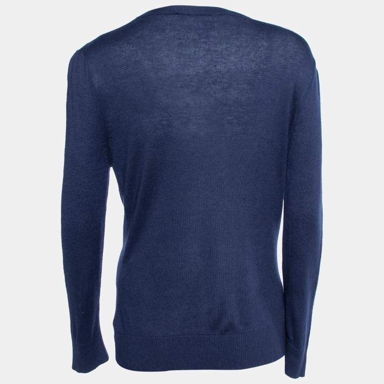 Pre Owned Diane von Furstenberg Navy Blue Silk & Cashmere Knit Ruched Cardigan L