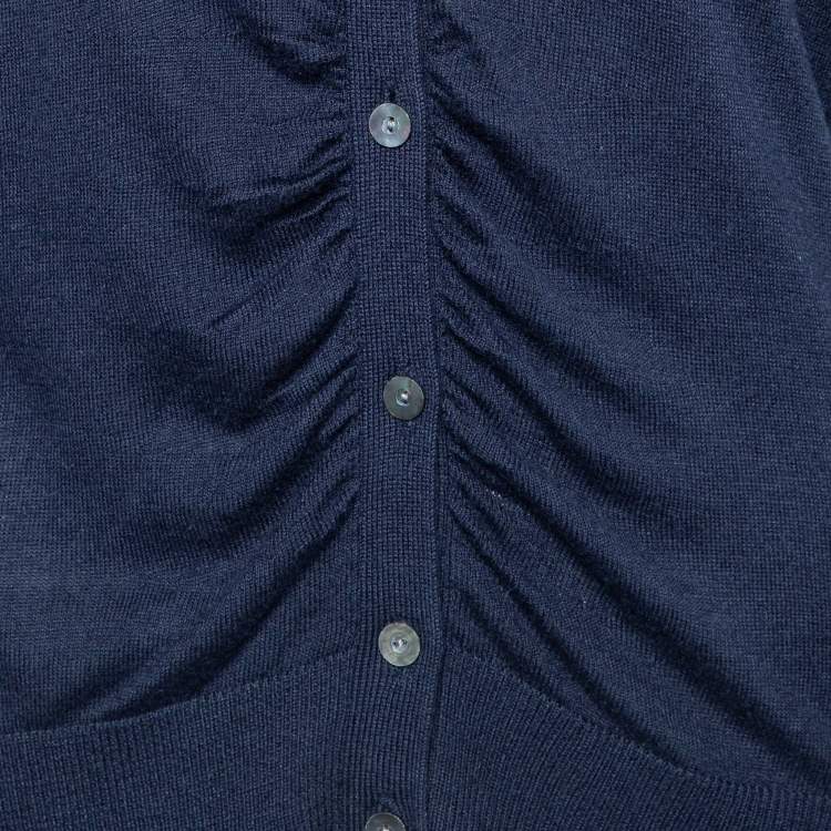 Pre Owned Diane von Furstenberg Navy Blue Silk & Cashmere Knit Ruched Cardigan L