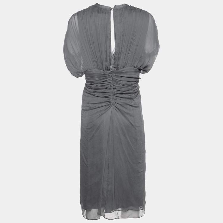 Pre Owned Diane Von Furstenberg Charcoal Grey Silk Chiffon Tull Midi Dress L