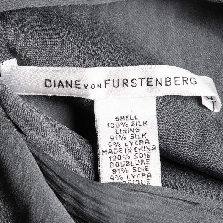 Pre Owned Diane Von Furstenberg Charcoal Grey Silk Chiffon Tull Midi Dress L