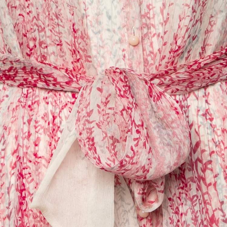 Pre Owned Diane Von Furstenberg Cream Floral Printed Silk Chiffon & Satin Lined Belted Kittine Dress L