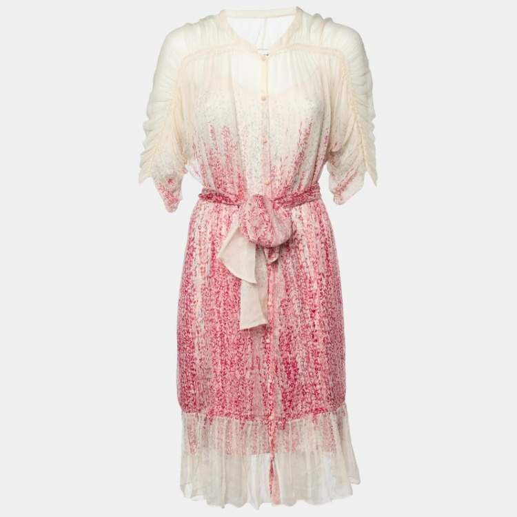 Pre Owned Diane Von Furstenberg Cream Floral Printed Silk Chiffon & Satin Lined Belted Kittine Dress L