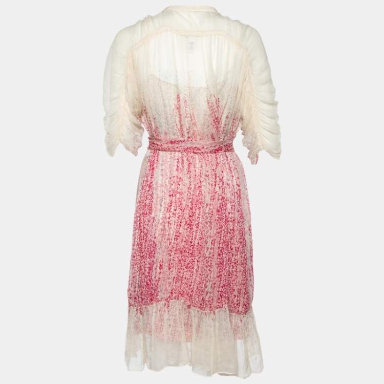 Pre Owned Diane Von Furstenberg Cream Floral Printed Silk Chiffon & Satin Lined Belted Kittine Dress L