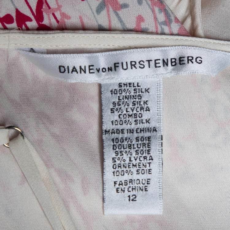 Pre Owned Diane Von Furstenberg Cream Floral Printed Silk Chiffon & Satin Lined Belted Kittine Dress L