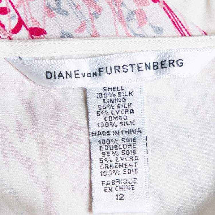 Pre Owned Diane Von Furstenberg Cream Floral Printed Silk Chiffon & Satin Lined Belted Kittine Dress L
