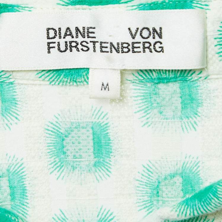 Pre Owned Diane Von Furstenberg Cream/Green Print Cotton Button Front Mini Dress M
