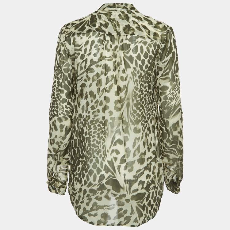 Pre Owned Diane Von Furstenberg Green Print Silk Button Front Relaxed Fit Blouse M