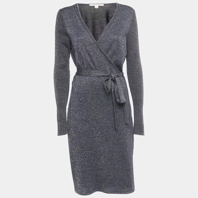 Pre Owned Diane Von Furstenberg Navy Blue Lurex Knit Evelyn Wrap Dress L