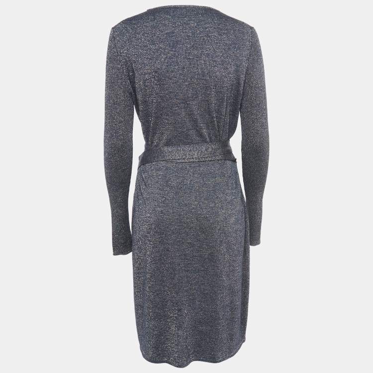 Diane Von Furstenberg Navy Blue Lurex Knit Evelyn Wrap Dress L Diane Von Furstenberg TLC