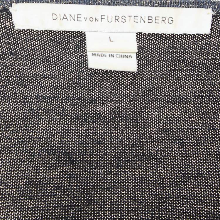 Pre Owned Diane Von Furstenberg Navy Blue Lurex Knit Evelyn Wrap Dress L