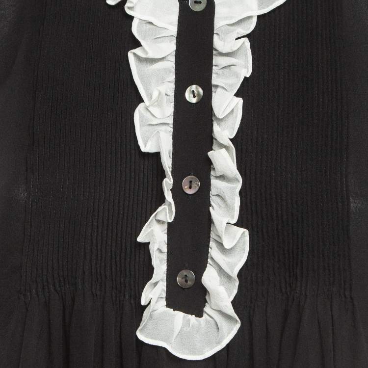 Pre Owned Diane Von Furstenberg Black Silk Ruffle Detail Top M