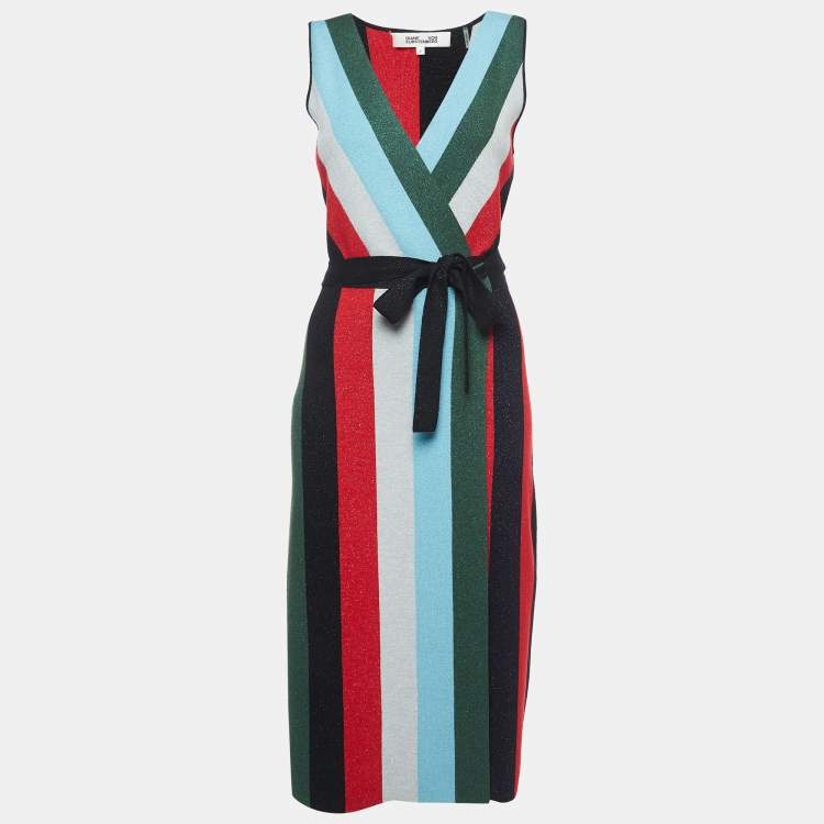 مملوكة مسبقًا Diane Von Furstenberg Multicolor Stripe Wool Blend Shimmer Detail Wrap Dress XS