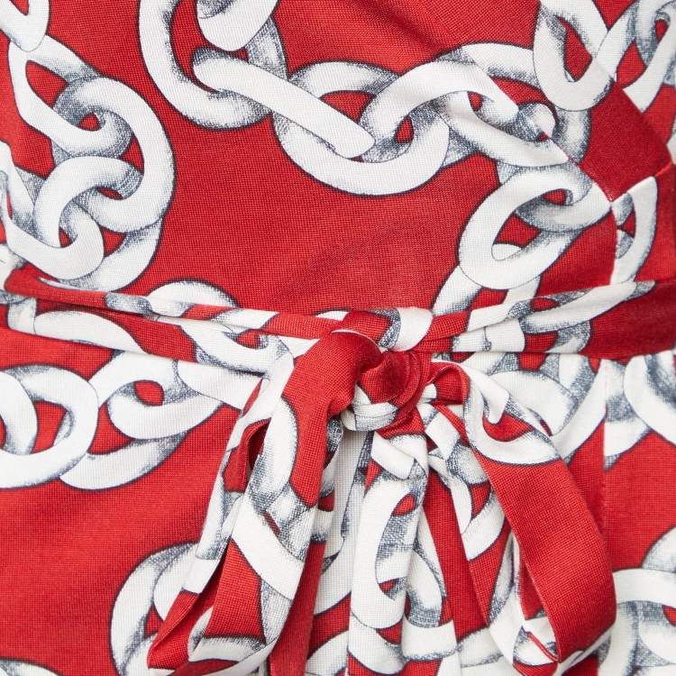 Pre Owned Diane Von Furstenberg Red Chain Print Silk New Jeanne Two Wrap Dress S
