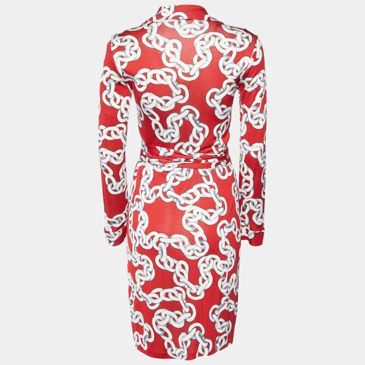 Pre Owned Diane Von Furstenberg Red Chain Print Silk New Jeanne Two Wrap Dress S