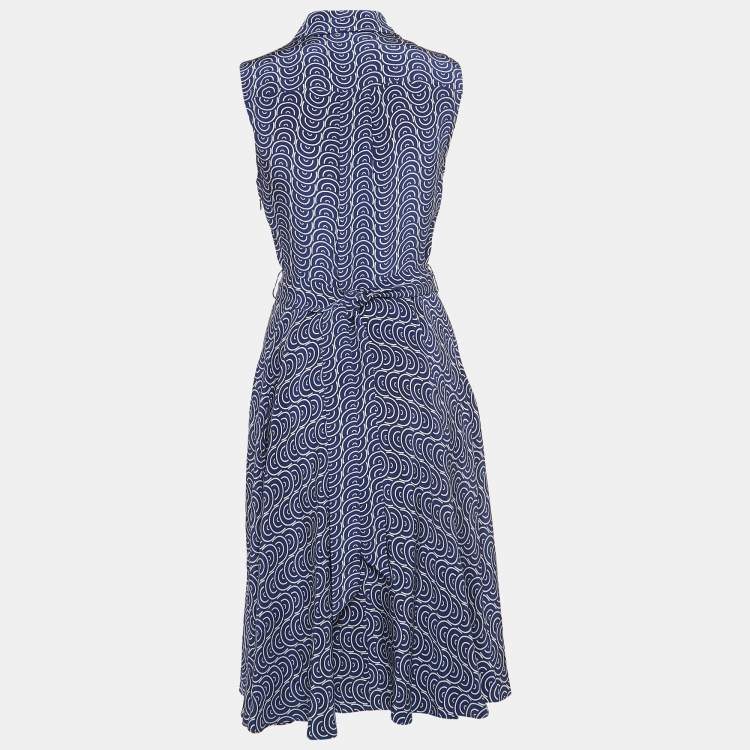 Pre Owned Diane Von Furstenberg Blue Printed Silk Belted Mid Dress S
