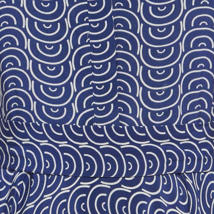 Pre Owned Diane Von Furstenberg Blue Printed Silk Belted Mid Dress S