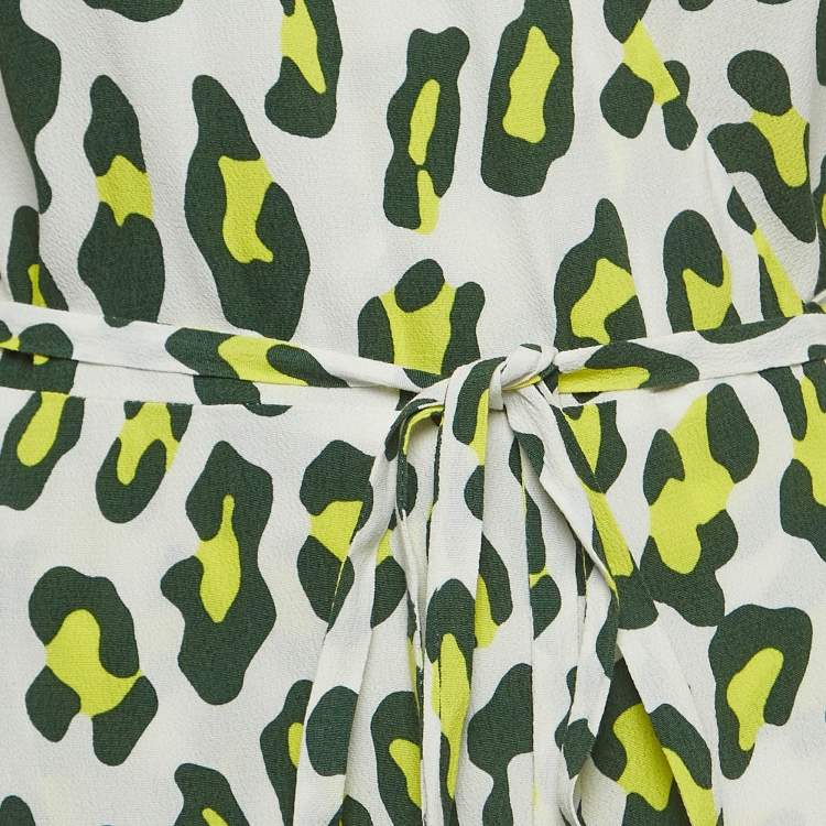 Pre Owned Diane Von Furstenberg Green Leopard Print Crepe Midi Wrap Dress M