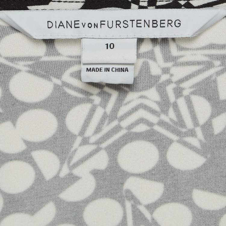 Pre Owned Diane Von Furstenberg Black/White Geometric Print Jersey Midi Wrap Dress L