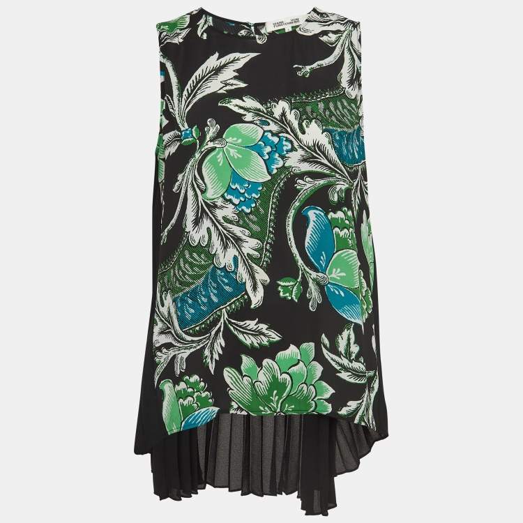 Pre Owned Diane von Furstenberg Green/Black Floral Printed Crepe Silvie Blouse S