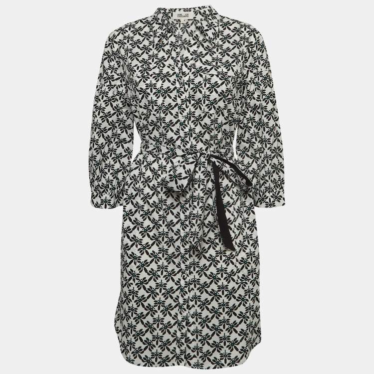 Pre Owned Diane Von Furstenberg White Floral Print Cotton Belted Shirt Dress L