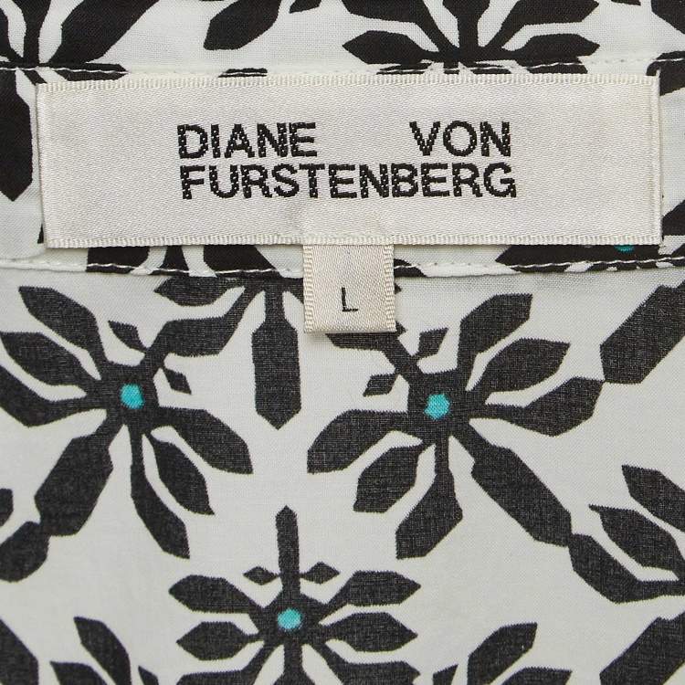 Pre Owned Diane Von Furstenberg White Floral Print Cotton Belted Shirt Dress L