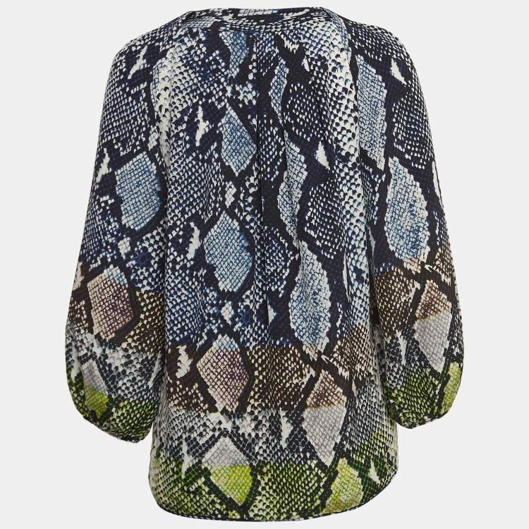 مملوكة مسبقًا Diane Von Furstenberg Multicolor Snakeskin Print Silk V-Neck Blouse M
