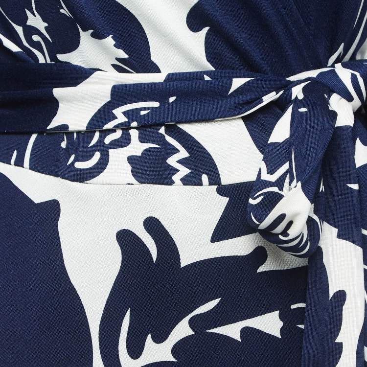 Pre Owned Diane Von Furstenberg  Navy Blue Floral Printed Jersey Midi Wrap Dress L