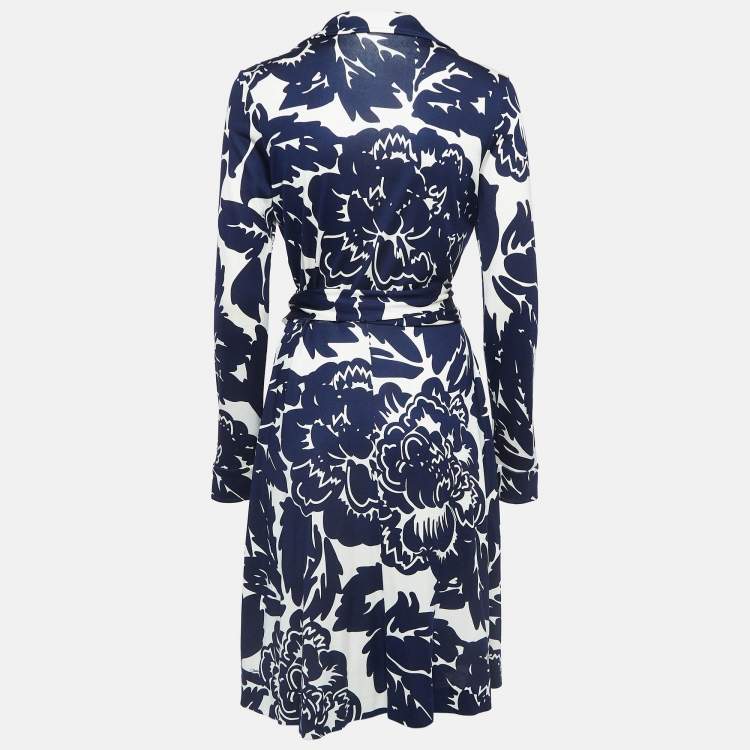 Pre Owned Diane Von Furstenberg  Navy Blue Floral Printed Jersey Midi Wrap Dress L