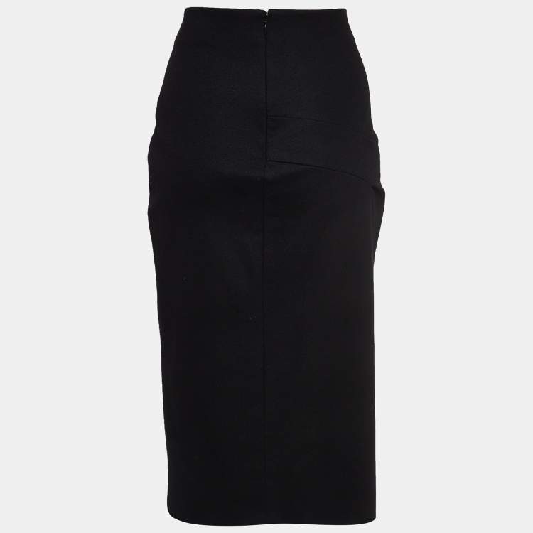 Pre Owned Diane Von Furstenberg Black Wool Pleated Detail Pencil Skirt L