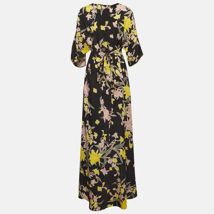 مملوكة مسبقًا Diane Von Furstenberg Black Floral Print Silk Maxi Wrap Dress M